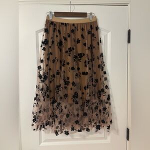 Elegant Black and Tan Appliqué Floral Skirt